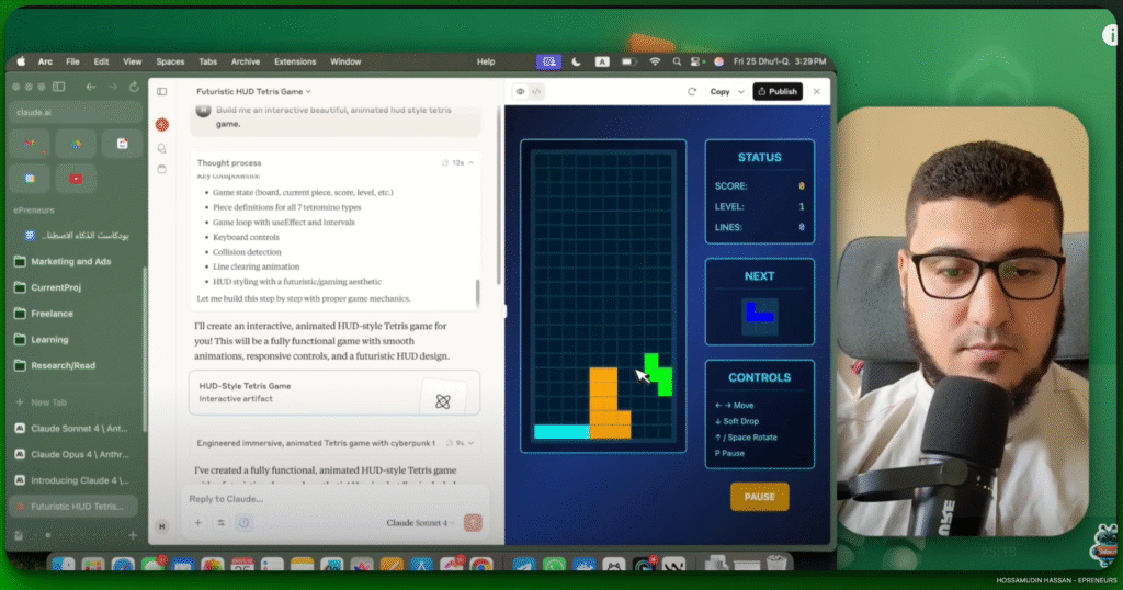 claude tetris coding الذكاء الاصطناعي يصمم لعبة مع حسام الدين